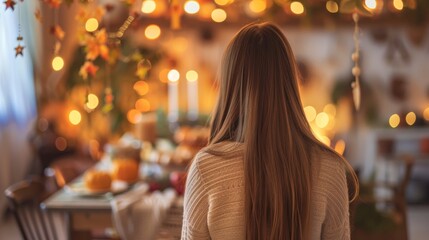 Autumn Elegance A Young Woman Embraces Thanksgiving in a Cozy Setting