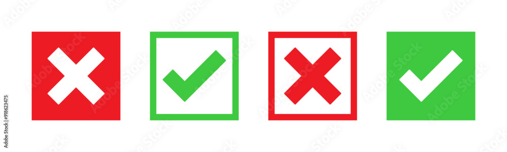 Poster tick mark icon button set check box correct right wrong buttons or yes or no checkmark red cross gre