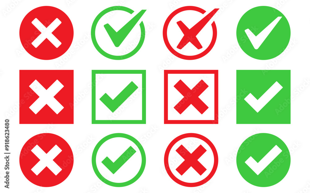 Poster check box tick mark icon set button correct right wrong buttons or yes or no checkmark red cross gre