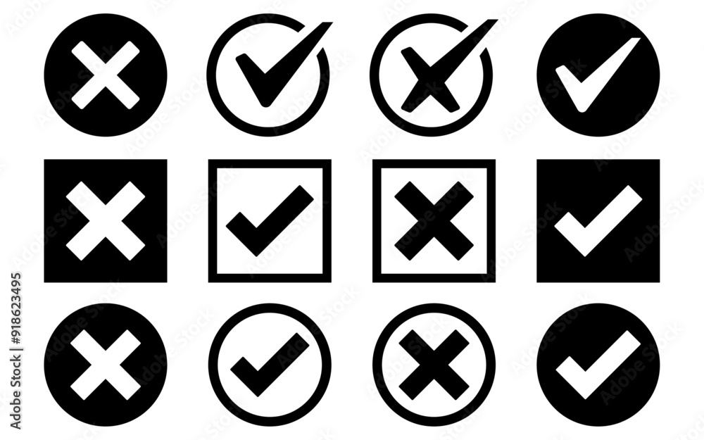 Poster check box tick mark icon set black button correct right wrong buttons or yes or no checkmark red cro