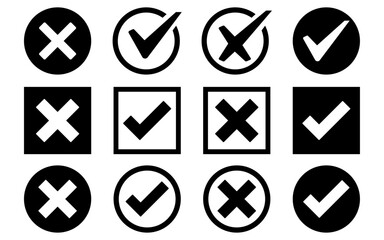 Check box tick mark icon set black button correct right wrong buttons or yes or no checkmark red cross green tick vector illustration