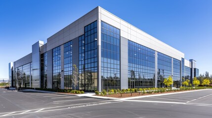 Obraz premium Modern Industrial Marvel Warehouse Facility with Reflective Walls and Orderly Exterior