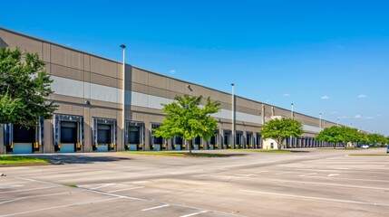 Obraz premium Modern Industrial Warehouse with Loading Docks and Greenery Aerial View of Efficient Logistics Hub with Trees and Blue Sky HighQuality Image