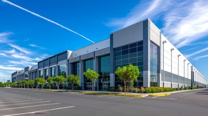 Urban Oasis Warehouse with Reflective Walls and Lush Trees under a Clear Blue Sky High Resolution