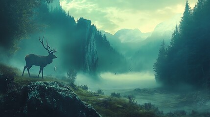 Experienced Hunter with Bow in Action, Tracking a Majestic Buck in the Serene Wilderness