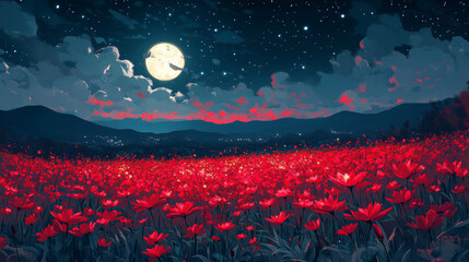 red spider lily field, night sky with moon and stars, fantasy anime style
