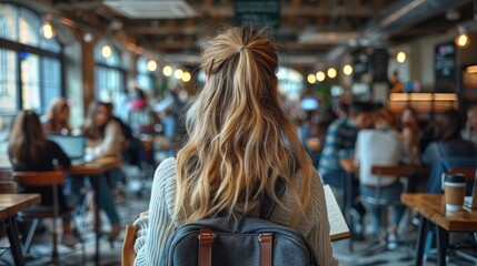 A young woman with long blonde hair and wearing an elegant sweater is studying at a table surrounded by other students