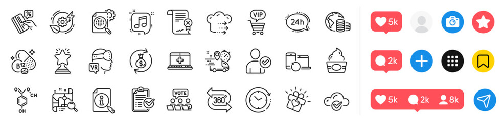 Reject certificate, 360 degree and Food delivery line icons pack. Social media icons. Augmented reality, Love gift, Vip shopping web icon. Time change, Recovery devices, Search pictogram. Vector