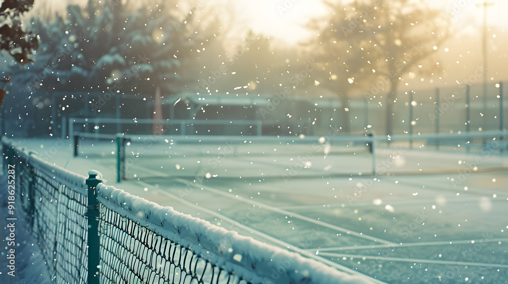 Wall mural a tennis court is covered in snow and the lights are on