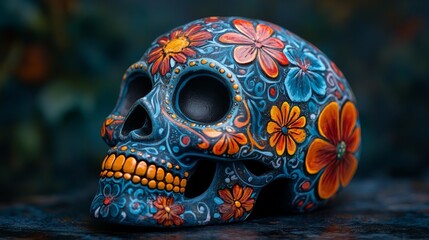 Colorful sugar skull with floral design - generative ai