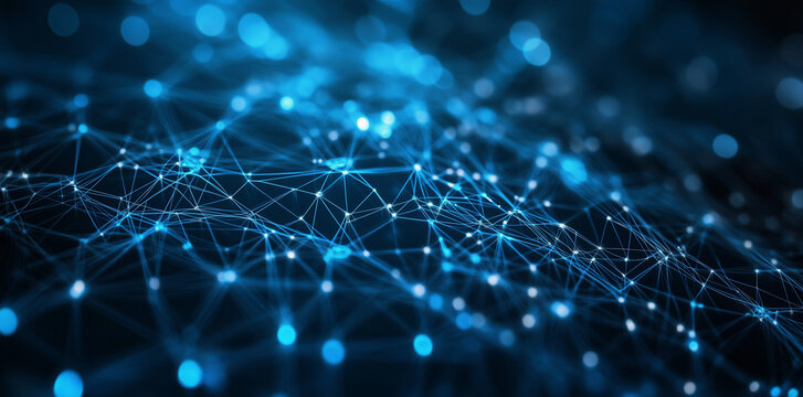 A background network of interconnected blue nodes and lines representing the digital capabilities and technologies of artificial intelligence and neural networks 