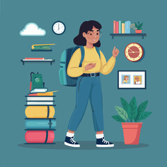 a drawing of a student girl and a backpack