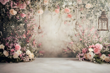 Maternity backdrop, wedding backdrop, photography background with delicate flowers and vintage wall.