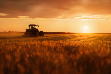 Naklejka premium A tractor operates in a soybean field under the warm glow of a spring sunset, representing smart farming and sustainable agriculture