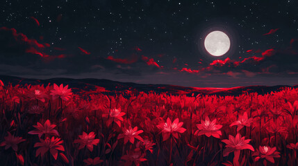 red spider lily field at night with full moon, stars in the sky, in the fantasy anime style
