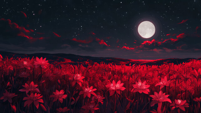 red spider lily field at night with full moon, stars in the sky, in the fantasy anime style