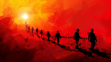 International Day for the Abolition of Slavery. Horizontal banner. Copy space. People in chains on red background. Day against trafficking in person. Black History Month. Remembrance of slave trade