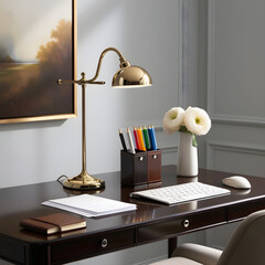 Elegantly Organized Office Desk Polished Dark Wood, Soft Light Gray Background & Vibrant Supplies