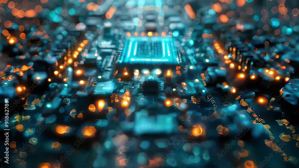 Poster futuristic computer microchips and microchips with processors and transistors