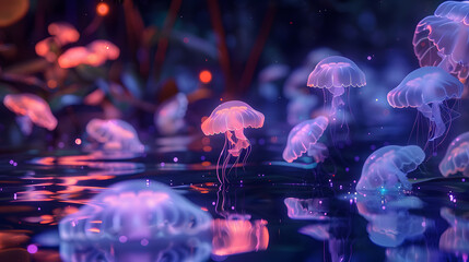 Obraz premium A group of jellyfish in a blue ocean