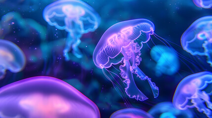 Naklejka premium A group of jellyfish in a blue ocean