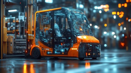 Futuristic automated vehicle in a high-tech warehouse - generative ai