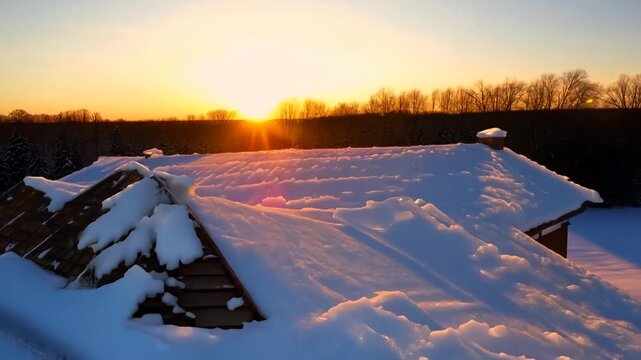 Winter sunset view with icicles hanging from a rooftop in a snowy landscape