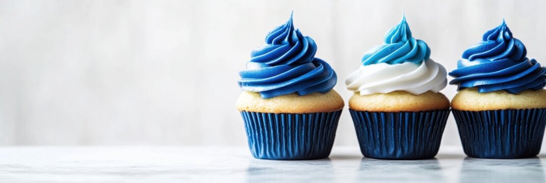 Independence day of Finland celebration. Cupcakes in colors of Finland flag. Horizontal banner. Copy space. Holiday poster, card. Blue and white muffins Sweets in honor of Finland - Powered by Adobe