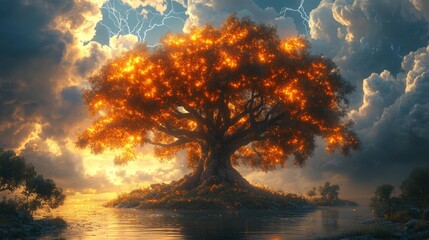 Obraz premium Majestic lightning tree at sunset - generative ai