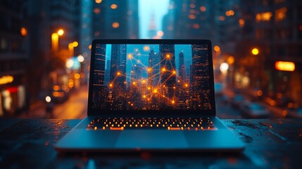 Laptop with illuminated city network - generative ai