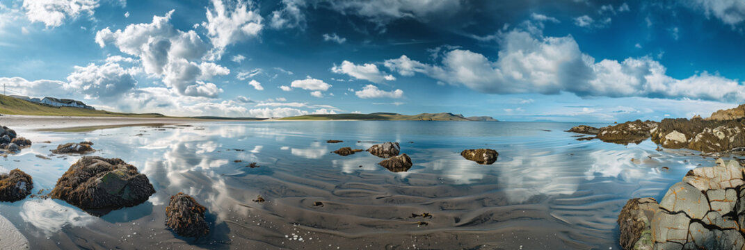 Reflections on a Serene Beach with Rocky Outcrops and Calm Waters on Islay Island