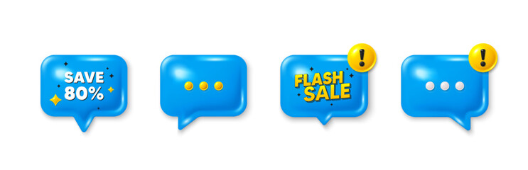 Offer speech bubble 3d icons. Save 80 percent off tag. Sale Discount offer price sign. Special offer symbol. Discount chat offer. Flash sale, danger alert. Text box balloon. Vector