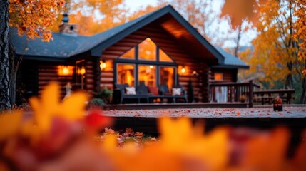 Obraz premium Fall cabin retreat, serene setting, vibrant colors, cozy atmosphere