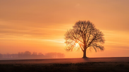 A tree stands alone in a field at sunset