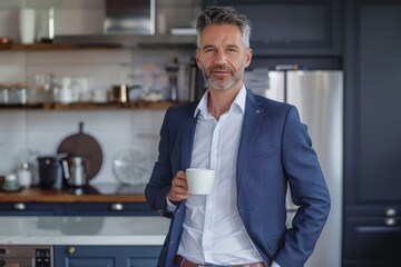 Presentable and charming middle-aged European man, dressed in stylish blazer and white shirt, is holding coffee cup in upscale, contemporary kitchen