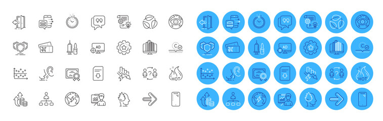 Leaves, Management and Collagen skin line icons pack. Presentation, Smartphone, Next web icon. Cogwheel, Boarding pass, Certificate pictogram. Time, Delegate question, Entrance. Stress. Vector
