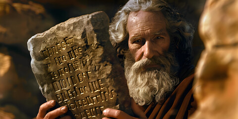 Moses with 10 commandments on stone tablets
