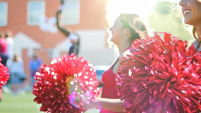 Colorful pom-poms soar as energetic cheerleaders captivate the crowd during an exhilarating championship game in bright sunshine
