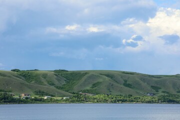 Landscape of Canadian Echo Lake in Saskatchewan in summer. Active recreation on the lake. Canadian...