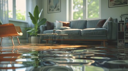 living room with a flooded floor, featuring a cozy sofa, houseplants. unexpected home disaster. deluge and flood