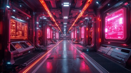 Fototapeta premium Futuristic sci-fi corridor with neon lights - generative ai