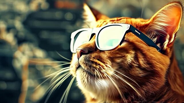 A charming orange cat gazes thoughtfully while adorned with trendy sunglasses, surrounded by a world map in the background