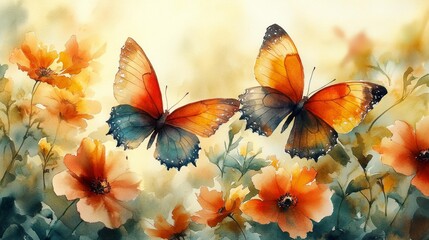 Butterflies and flowers in watercolor - generative ai