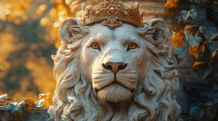 Obraz premium Regal lion statue with crown - generative ai