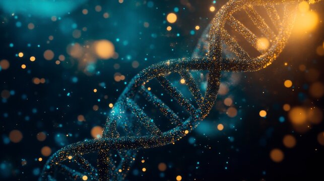 Double helix DNA with turquoise-orange glowing particles on dark background, abstract futuristic composition.