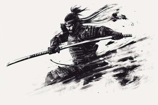 Samurai warrior hand-drawn in dynamic pose, intricate armor and clothing, katana raised - Japan heritage and tradition concepts