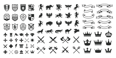 Heraldic Crest Logos elements set. Heraldic Animals, shields logos, retro ribbons, luxury logo symbols, crown and swords icons. Vector illustration