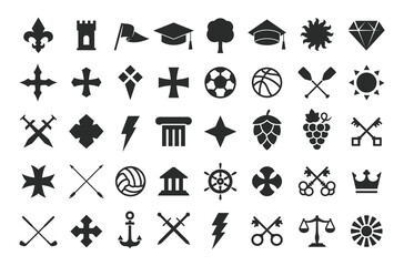 Vintage minimal icons for logo design. 40 vintage icons. Medieval symbols for emblem, label template. Vector illustration.