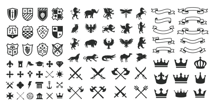 Heraldic Crest Logos elements set. Heraldic Animals, shields logos, retro ribbons, luxury logo symbols, crown and swords icons. Vector illustration