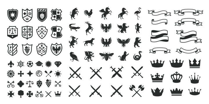 Heraldic Animals, shields logos, retro ribbons, luxury logo symbols, crown and swords icons. Heraldic Crest Logos elements set. Vector illustration